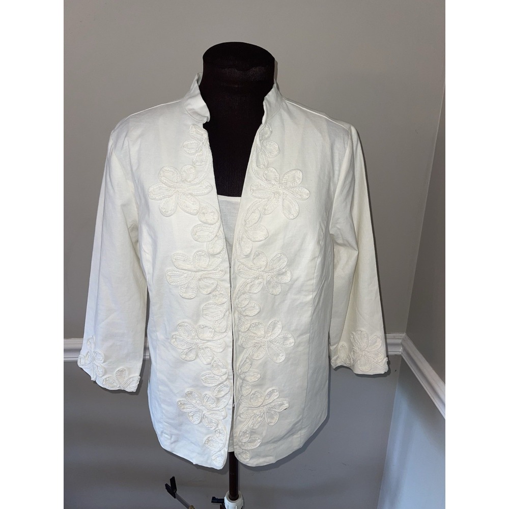 Susan Graver Stretch Linen Soutache Trim Jacket W/Tank Top Ivory Womens Sz S NWT